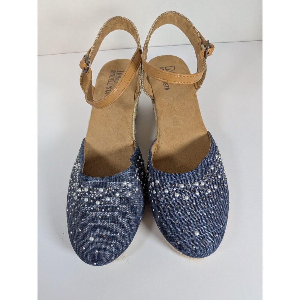 Women's Blue Denim Espadrille Wedge Heels with Pearls 8 M